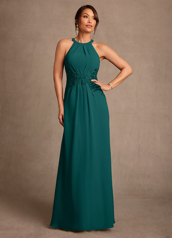 Azazie Georgie Mother of the Bride Dresses Vestido Pavão de Chiffon de Linha A com Renda image1