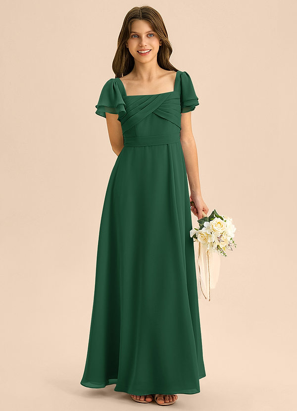 Azazie Azey Junior Dark Green A-Line Ruched Chiffon Dress image1