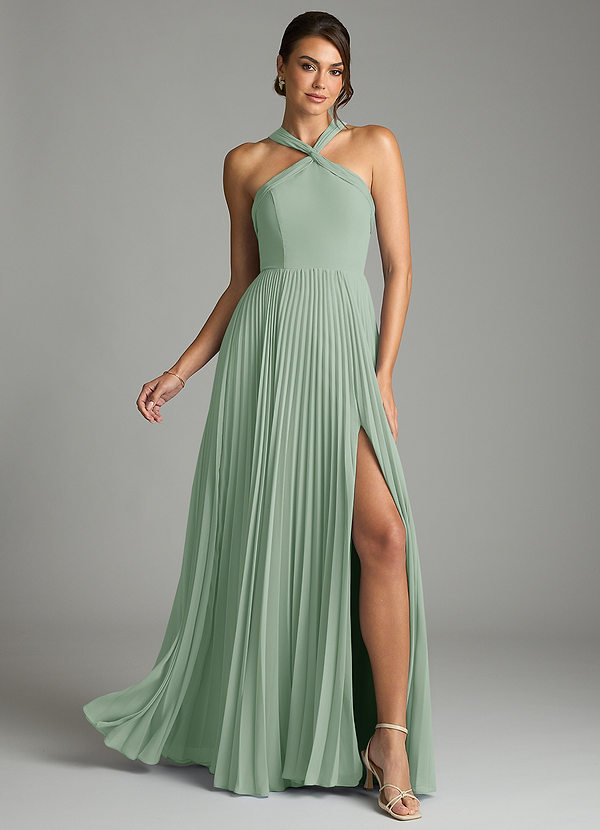 Azazie Afra Abiti da Damigella Abito A-Line in Chiffon Plissettato Agave image1