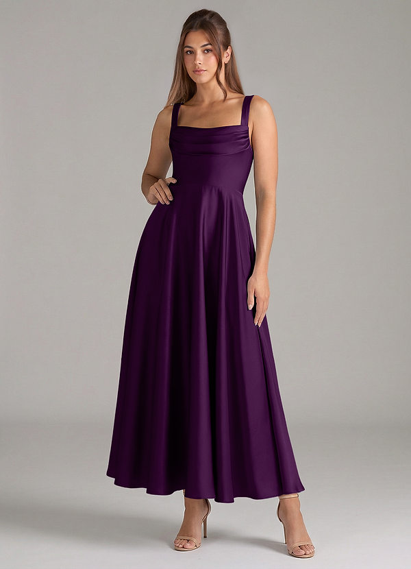 Azazie Shaude Bridesmaid Dresses Grape A-Line Pleated Stretch Satin Dress image1