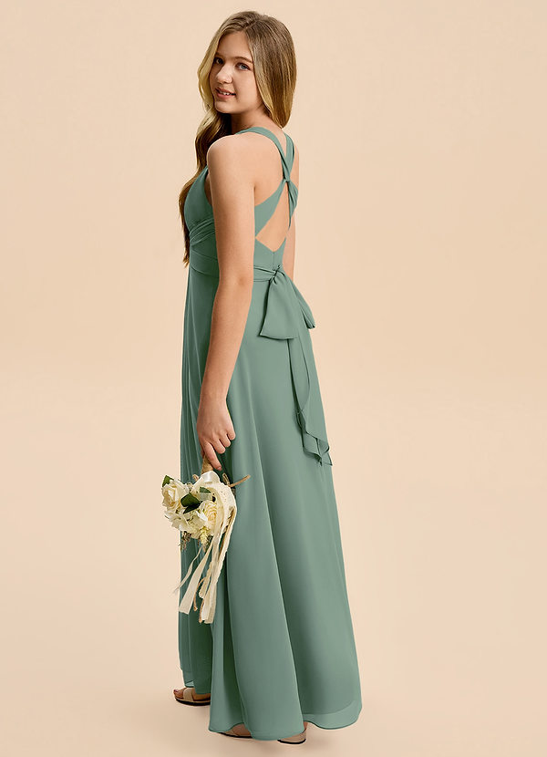 Azazie Kirsten Junior Eucalyptus A-Line Pleated Chiffon Dress image1