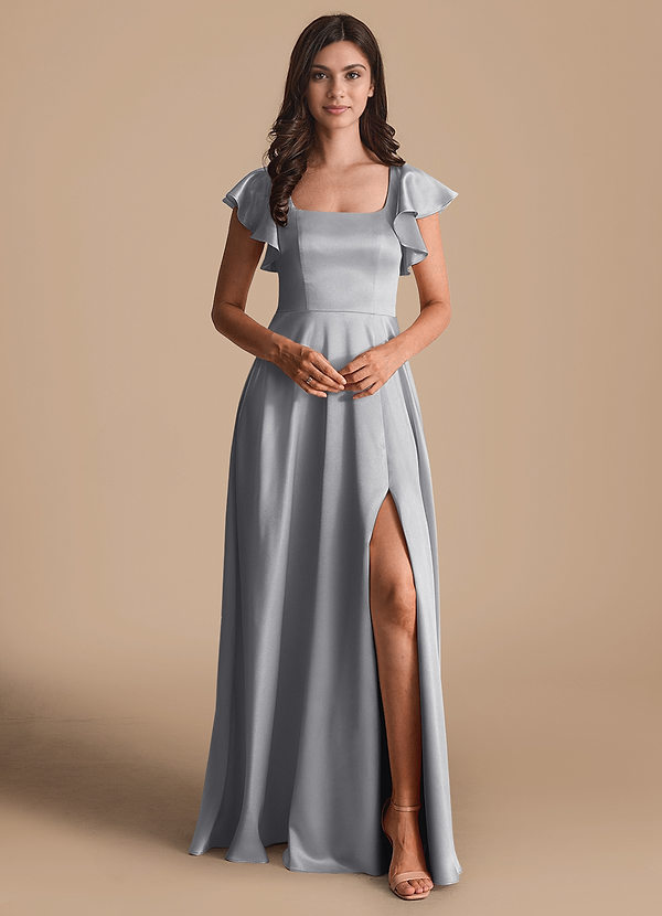 Azazie Bondi Vestidos Dama de Honor Vestido de Plata de Satén Metálico de Corte en A con Lazo image1
