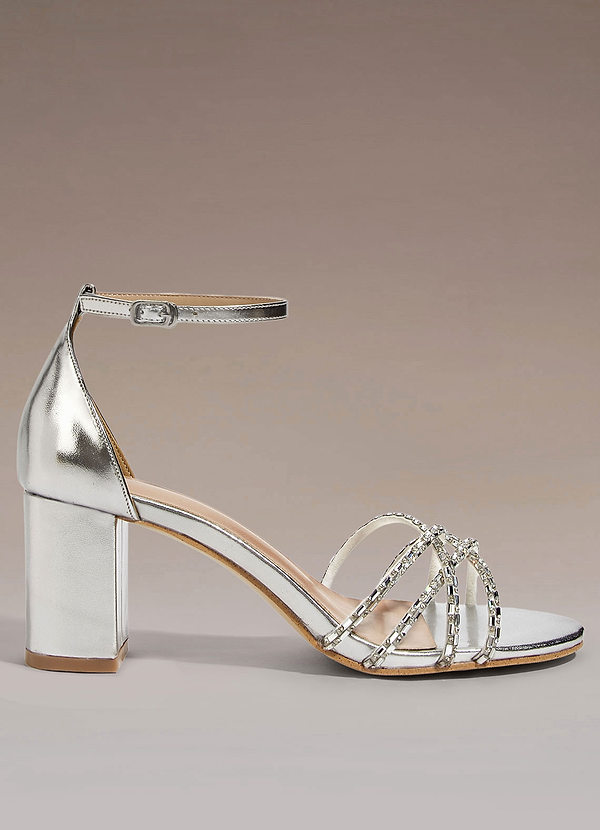 front Silver Shiny Block Heel Sandals