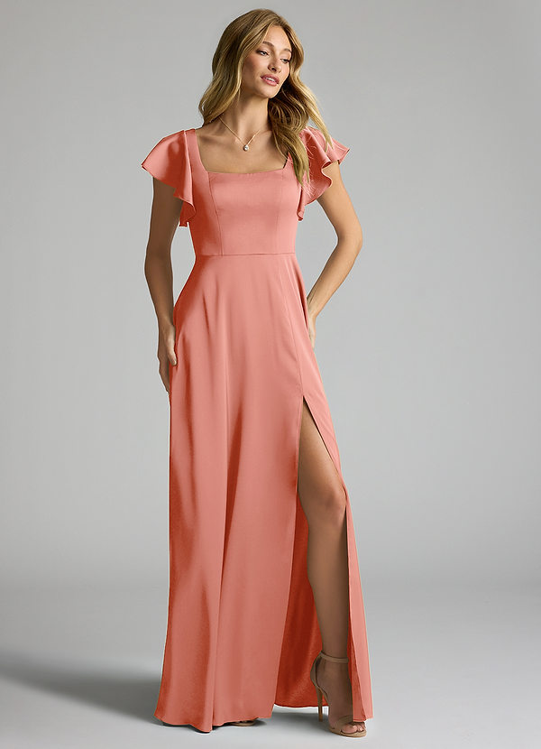 Azazie Bondi Bridesmaid Dresses Coral A-Line Bow Stretch Satin Dress image1