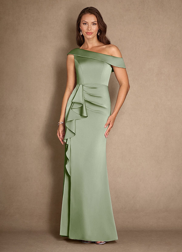 Azazie Hamptons Mother of the Brides Dresses Dusty Sage A-Line Pleated Stretch Satin Dress image1