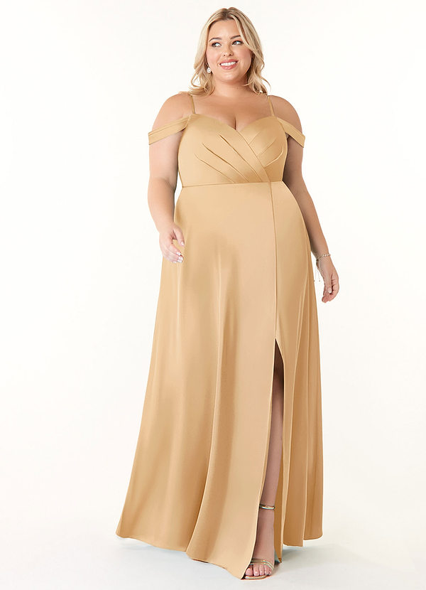 Azazie Ocean Robes Demoiselle d'honneur Robe Trapèze en Satin extensible Col V plissé Or image1