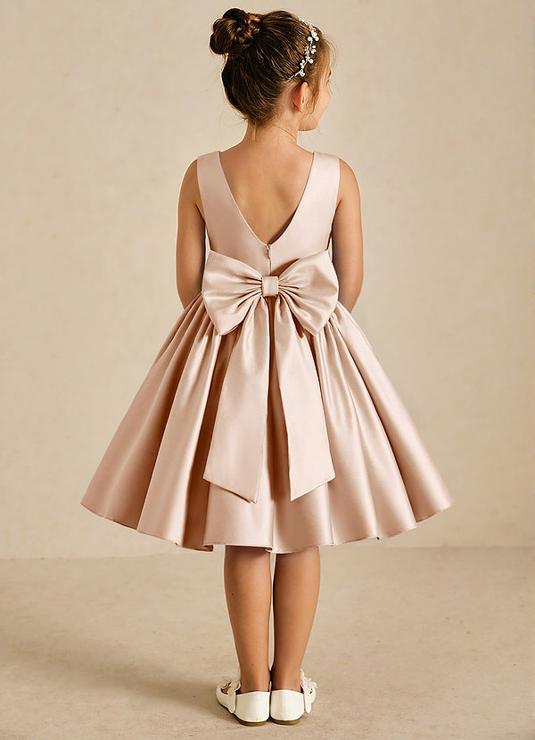 Azazie Chickpea Flower Girl Dresses English Rose A-Line Bow Matte Satin Dress image1