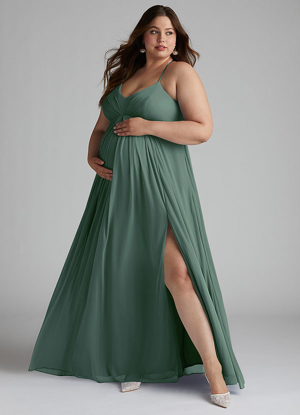 Azazie Annabelle Maternity Bridesmaid Dresses A-Line V-Neck Pleated Mesh Floor-Length Dress image1