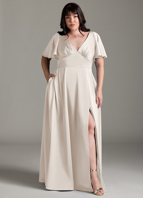Azazie Kimber Bridesmaid Dresses White Alabaster A-Line Ruched Stretch Satin Dress image1