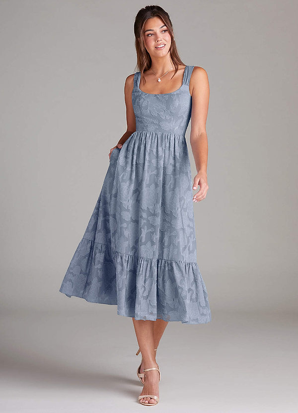 Azazie Alissa Bridesmaid Dresses Dusty Blue A-Line with Pockets Floral Burnout Dress image1
