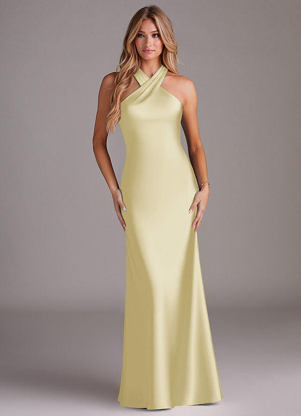 Azazie Doretta Bridesmaid Dresses Lemon Sorbet Mermaid Pleated Stretch Satin Dress image1