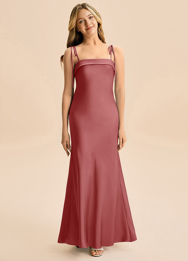 Azazie Willa Junior Vestido Rosa Antigua de Satén Elástico de Corte Sirena con Lazo image1