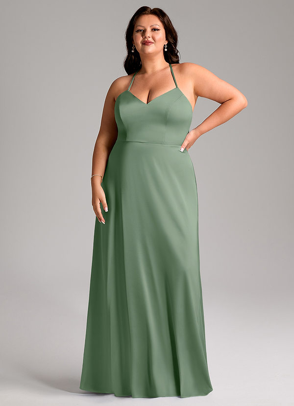 Azazie Mei Abiti da Damigella Abito A-Line in Raso Elasticizzato con Scollo a V Matcha image1