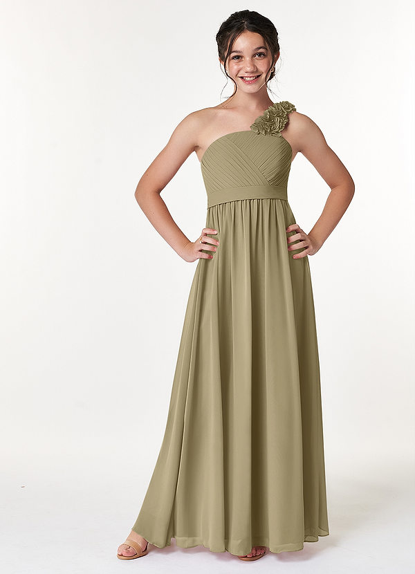 Azazie Flower Junior Jurk van Chiffon met A-Lijn Geplooid Mosgroen image1