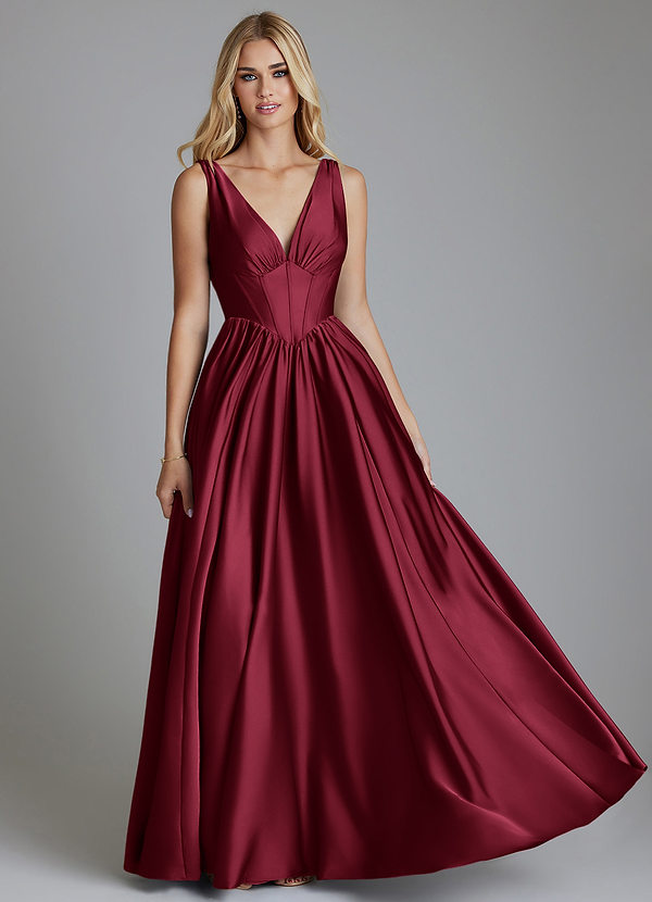 Azazie Delmie Robes de demoiselle d'honneur Robe Trapèze en Satin extensible Corset Bourgogne image1