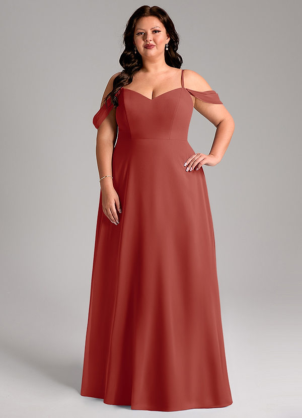 Azazie Marley Robes de demoiselle d'honneur Robe Trapèze Convertible en Mousseline de soie Épaule décolletée Terracotta image1
