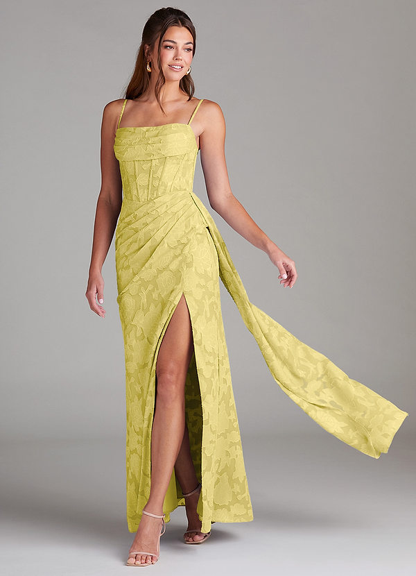 Azazie Denisa Bridesmaid Dresses Canary Sheath Pleated Floral Burnout Dress image1