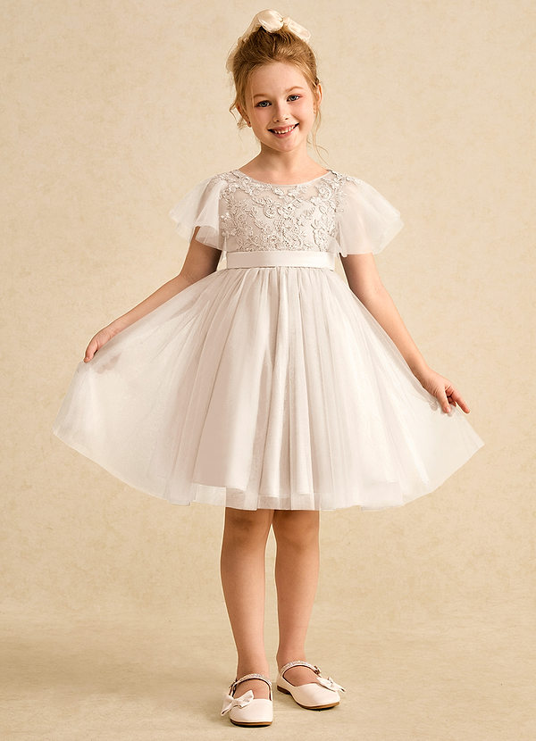 Azazie Queenie Robes de Fillette d'Honneur Robe Trapèze en Dentelle Albâtre Blanc image1