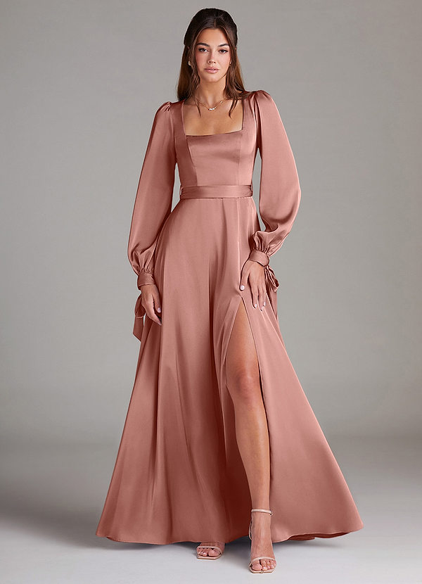 Azazie Leonia Robes Demoiselle d'honneur Robe Trapèze en Satin extensible Manche longue Rosette image1