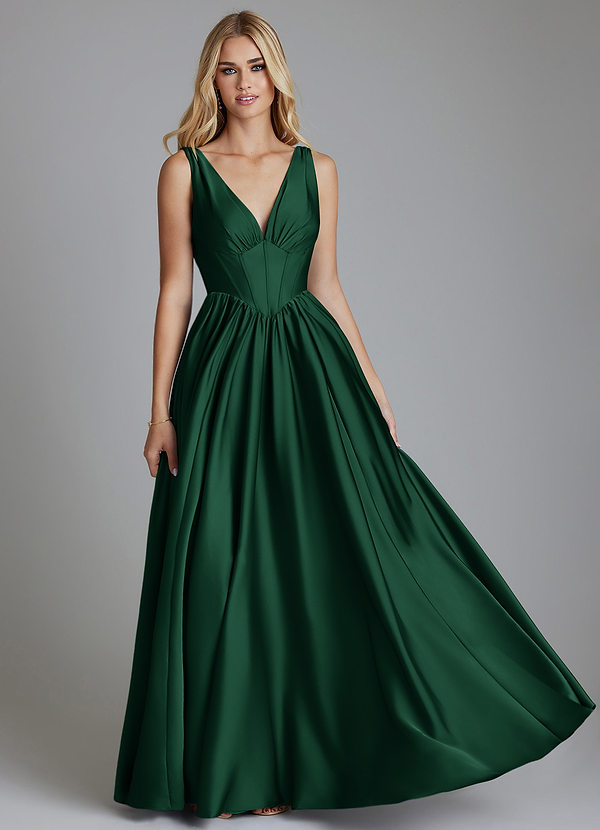 Azazie Delmie Vestidos Dama de Honor Vestido de Verde Oscuro de Satén Elástico de Corte en A con Corsé image1