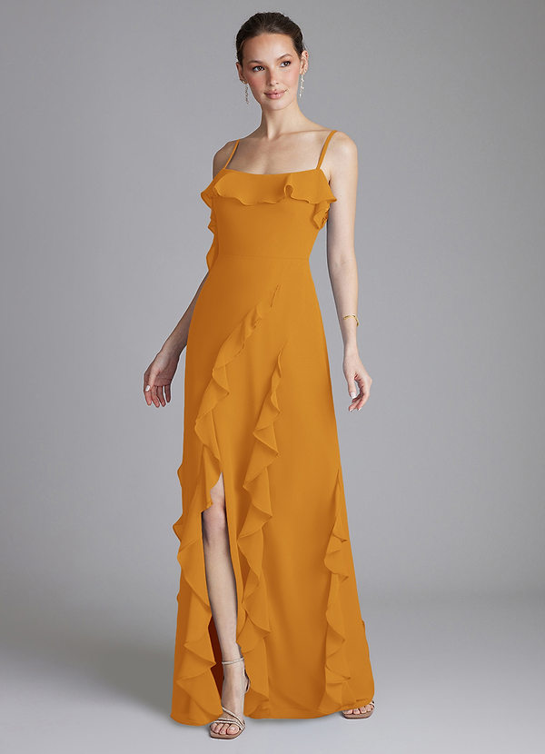 Azazie Malia Bridesmaid Dresses Butterscotch Sheath Ruched Chiffon Dress image1