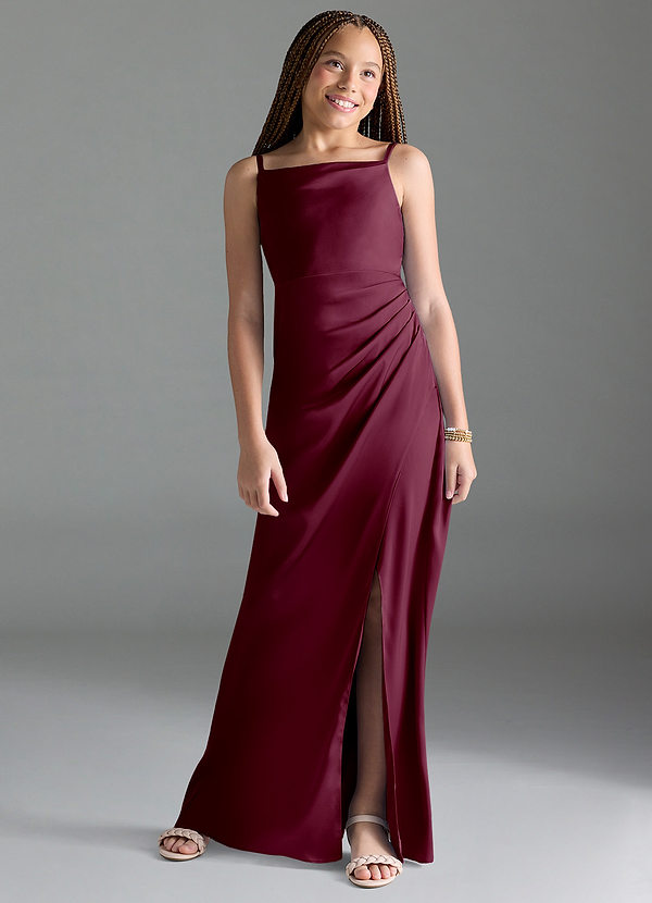 Azazie Leonis Junior Mulberry A-Line Pleated Stretch Satin Dress image1