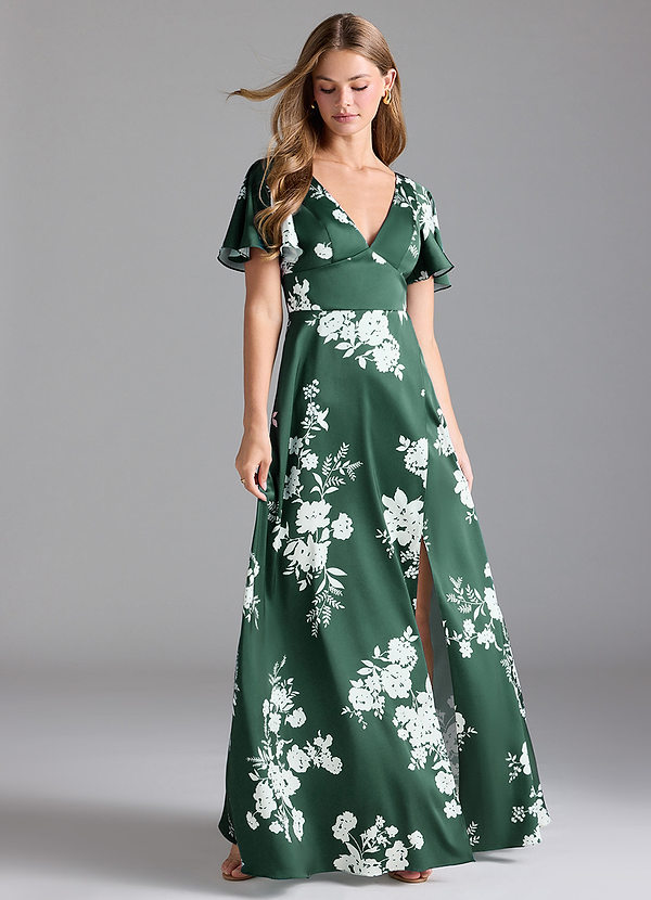Azazie Lani Bridesmaid Dresses Green Botanicals A-Line Flounce Sleeve Stretch Satin Dress image1