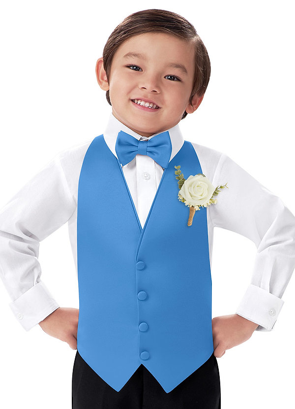 front Conjunto de chaleco, pajarita y boutonniere de satén mate para niño