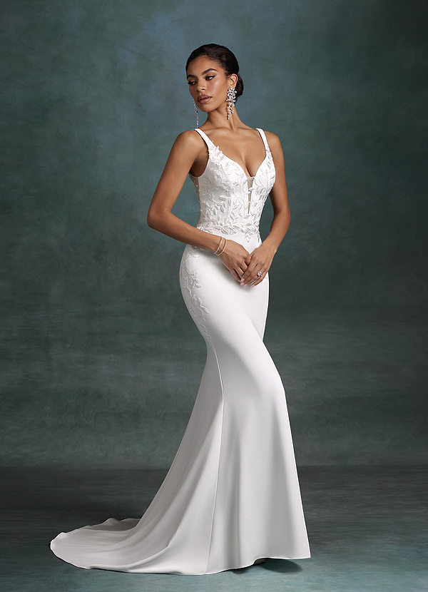 Azazie Sabrina Vestidos de novia Vestido Blanco Diamante Champán de Satén con cara trasera de crepé de Corte Sirena image1