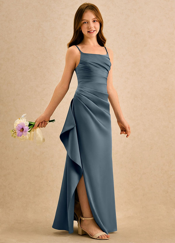 Azazie Cannoli Girls Formal Robes de Fillette d'Honneur Robe Trapèze en Satin extensible Plissée Violet Crépusculaire image1