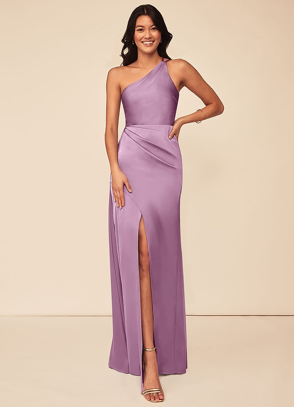 Azazie Maron Bridesmaid Dresses Wisteria A-Line One Shoulder Stretch Satin Dress image1