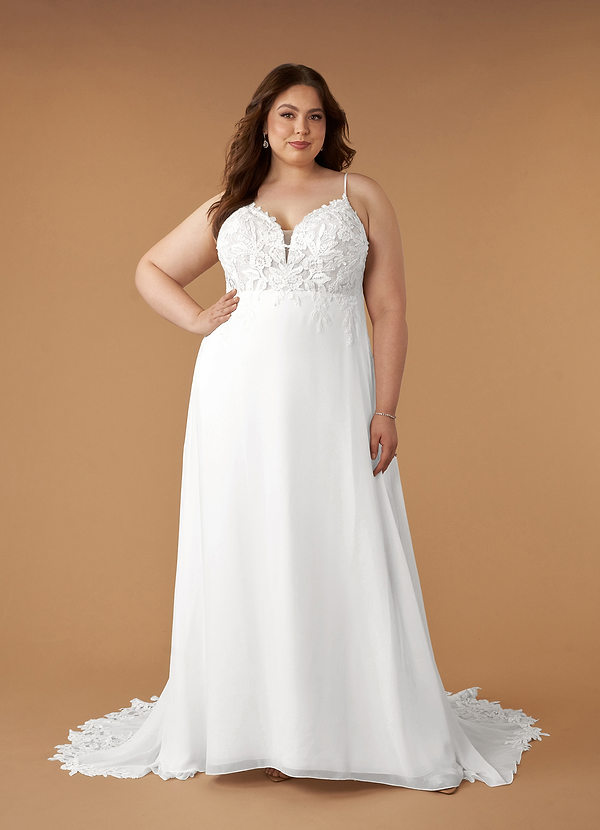 Azazie Kimmarie Robe de Mariée Robe Trapèze en Mousseline de soie Paillettes col V Blanc De Diamant image1