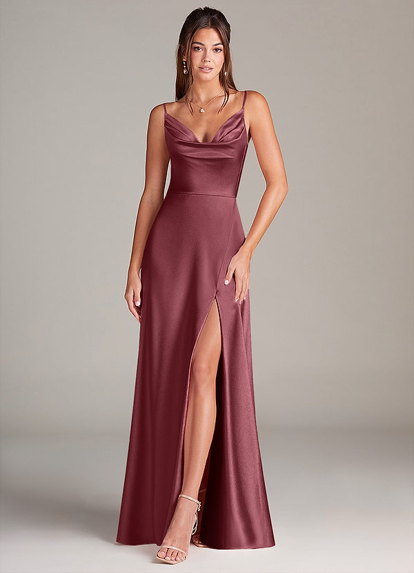 Azazie Sarella Bridesmaid Dresses Desert Rose A-Line Pleated Stretch Satin Dress image1