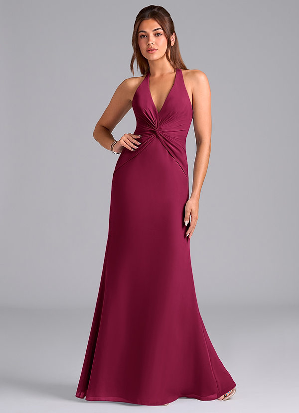 Azazie Valerie Vestidos de dama de honor Vestido Borgoña de Gasa de Corte Sirena con Plisado image1