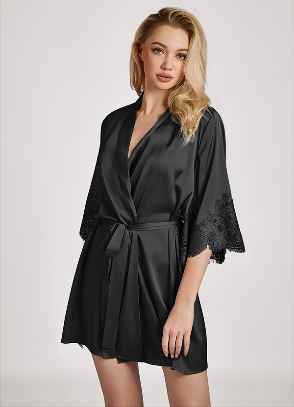 front 검은색 새틴 레이스 장식 소매 가운