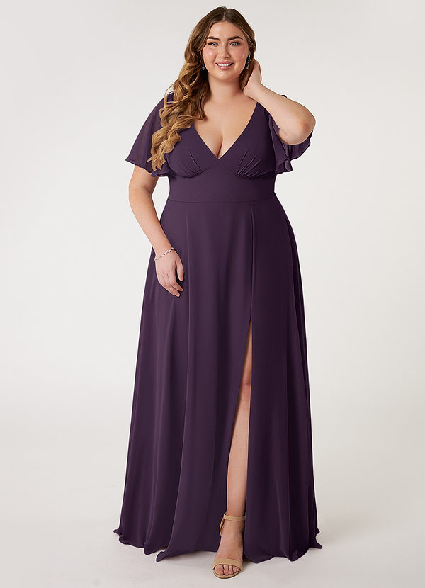 Azazie Kimber Bridesmaid Dresses Plum Flowy Flounce Sleeve Chiffon Dress image1