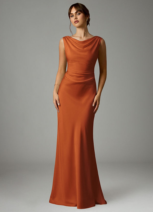 Azazie Kieryn Bridesmaid Dresses Cinnamon Mermaid Pleated Stretch Satin Dress image1
