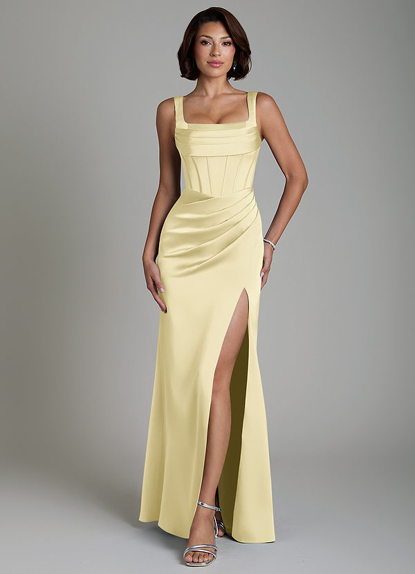 Azazie Amora Bridesmaid Dresses Lemon Sorbet Mermaid Corset Stretch Satin Dress image1