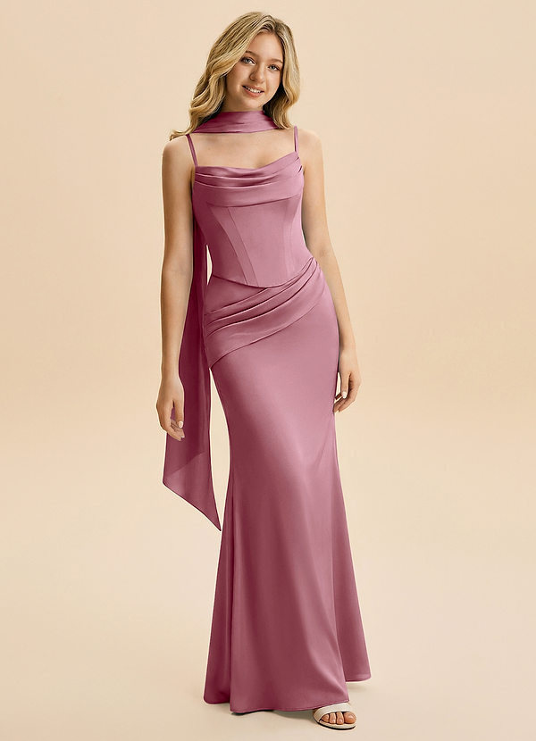 Azazie Sorrel Junior Robe Sirène en Satin extensible Drapé Mauve Vintage image1