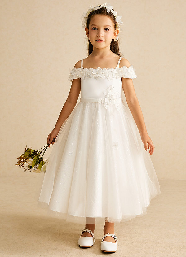 Azazie Patsie Flower Girl Dresses Ivory A-Line Off the Shoulder Tulle Dress image1