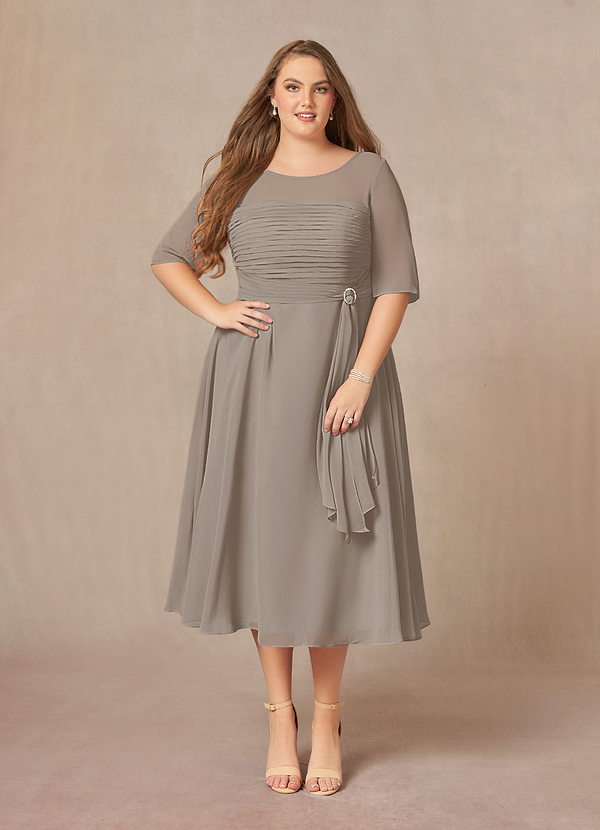 Azazie Naomi Mother of the Brides Dresses Taupe A-Line Boatneck Pleated Chiffon Dress image1