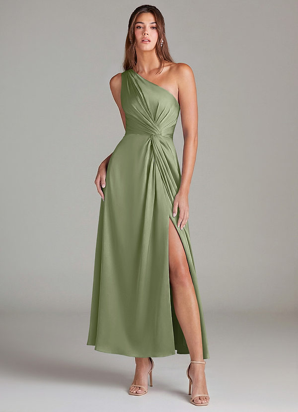 Azazie Brooke Brautjungfernkleider A-Linie One-Shoulder Stretch-Satin Kleid Pistazie image1