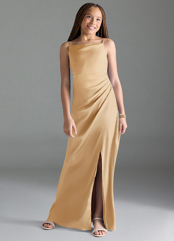Azazie Leonis Junior Gold A-Line Pleated Stretch Satin Dress image1