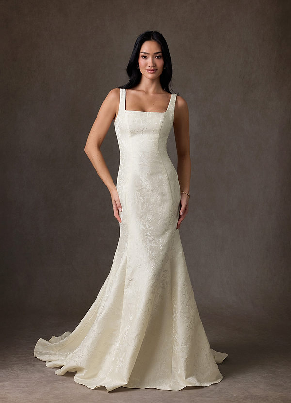 Azazie Quinn Wedding Dresses Cream Mermaid Square Neckline Floral Jacquard Dress image1