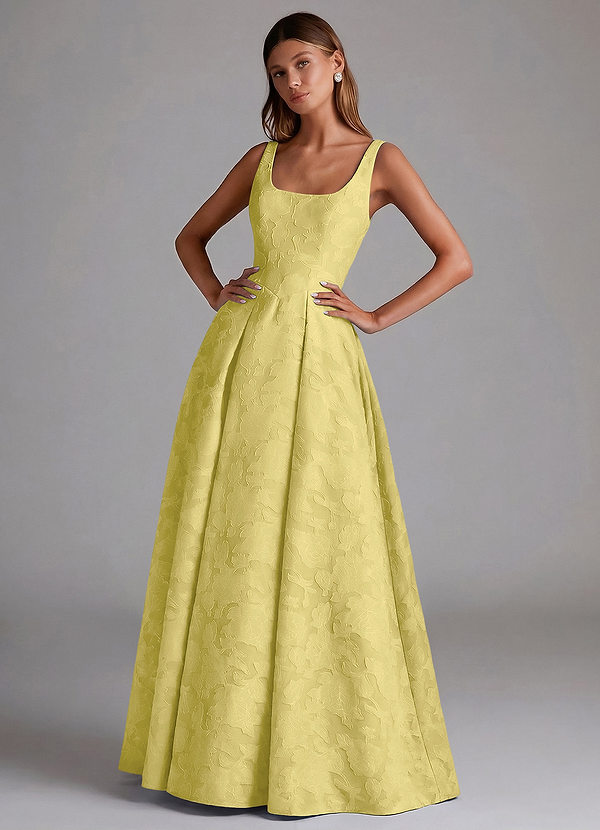 Azazie Amalie Bridesmaid Dresses Canary A-Line Pleated Floral Burnout Dress image1