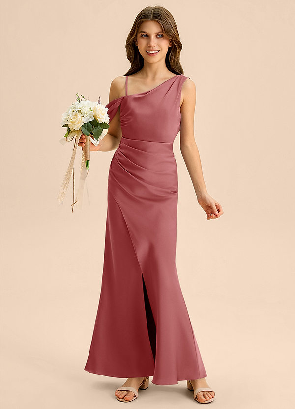 Azazie Madelyn Junior Abito Tubino in Raso Elasticizzato a Spalla Scoperta Rosa Antica image1