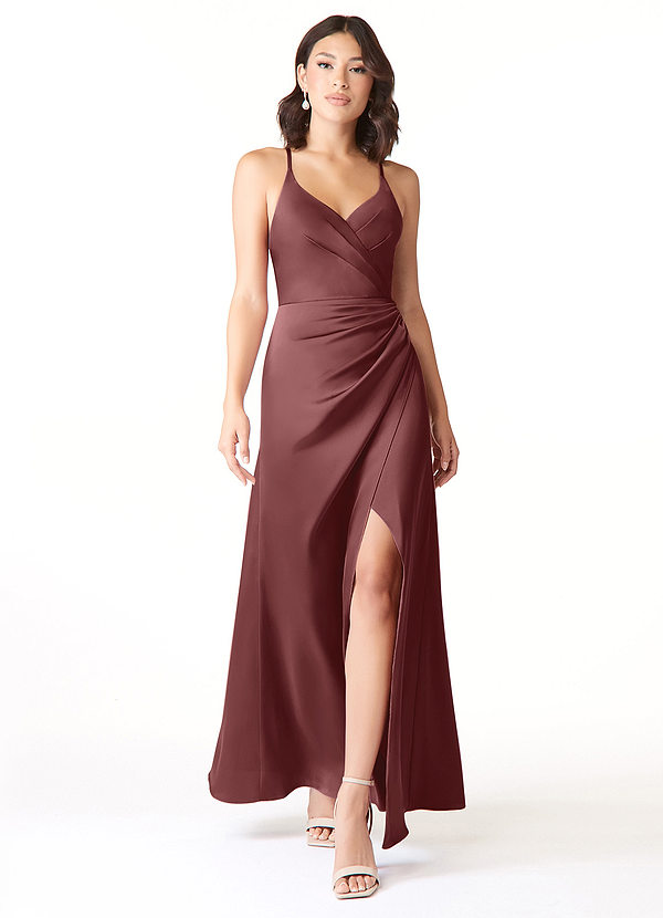 Azazie Geanna Vestidos de dama de honor Vestido de Acai de Stretch Satin de Vestido tubo con Cuello en V Plisado image1