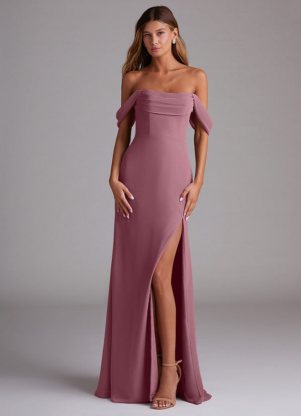 Azazie Saige Bridesmaid Dresses Vintage Mauve A-Line Off the Shoulder Chiffon Convertible Dress image1