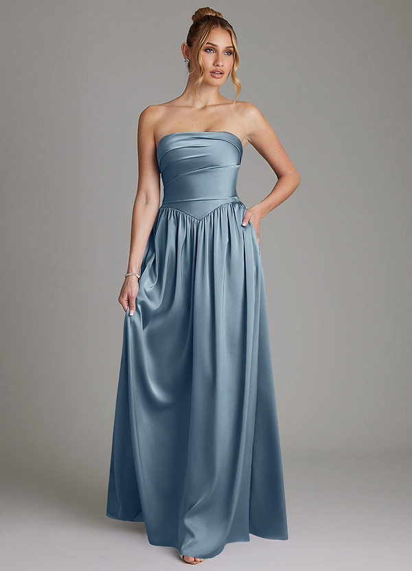 Azazie Zena Bruidsmeisjes Jurken Jurk van Stretch Satijn met A-Lijn Strapless Stoffig Blauw image1