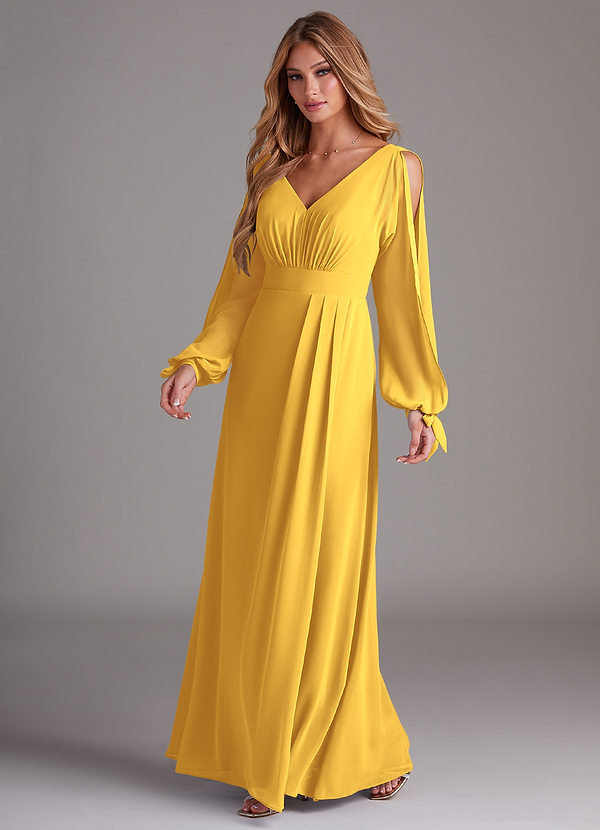 Azazie Matilda Bridesmaid Dresses Marigold A-Line Long Sleeve Chiffon Dress image1